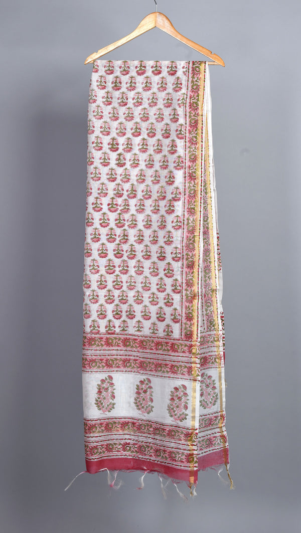 White and Red Handblock Chanderi Silk Dupatta