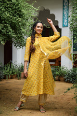 Aureolin Wonder Handblock Kotadori Dupatta Suit Set