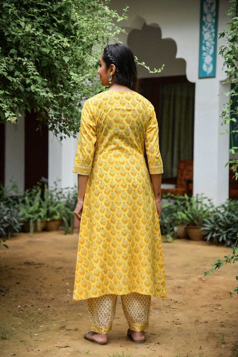 Aureolin Wonder Handblock Kotadori Dupatta Suit Set