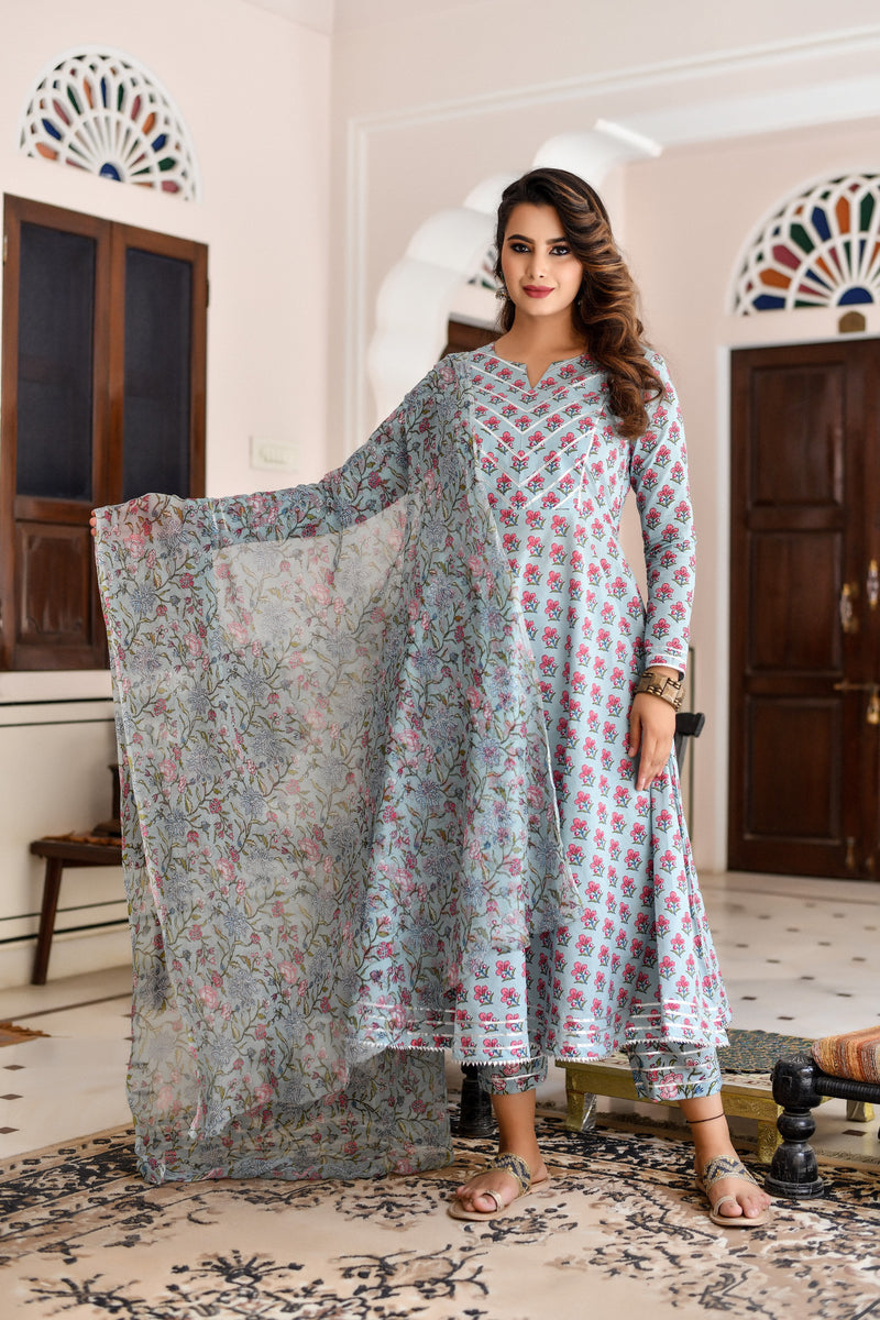 Slate gray printed Stitched Cotton suit with cotton dupatta | Kiran's  Boutique