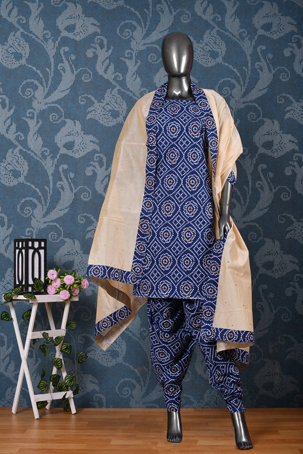 Navy Blue Bandhej Unstitched Suit Set