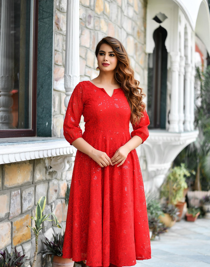 EMBELLISHED RED GEORGETTE KURTA ONLY