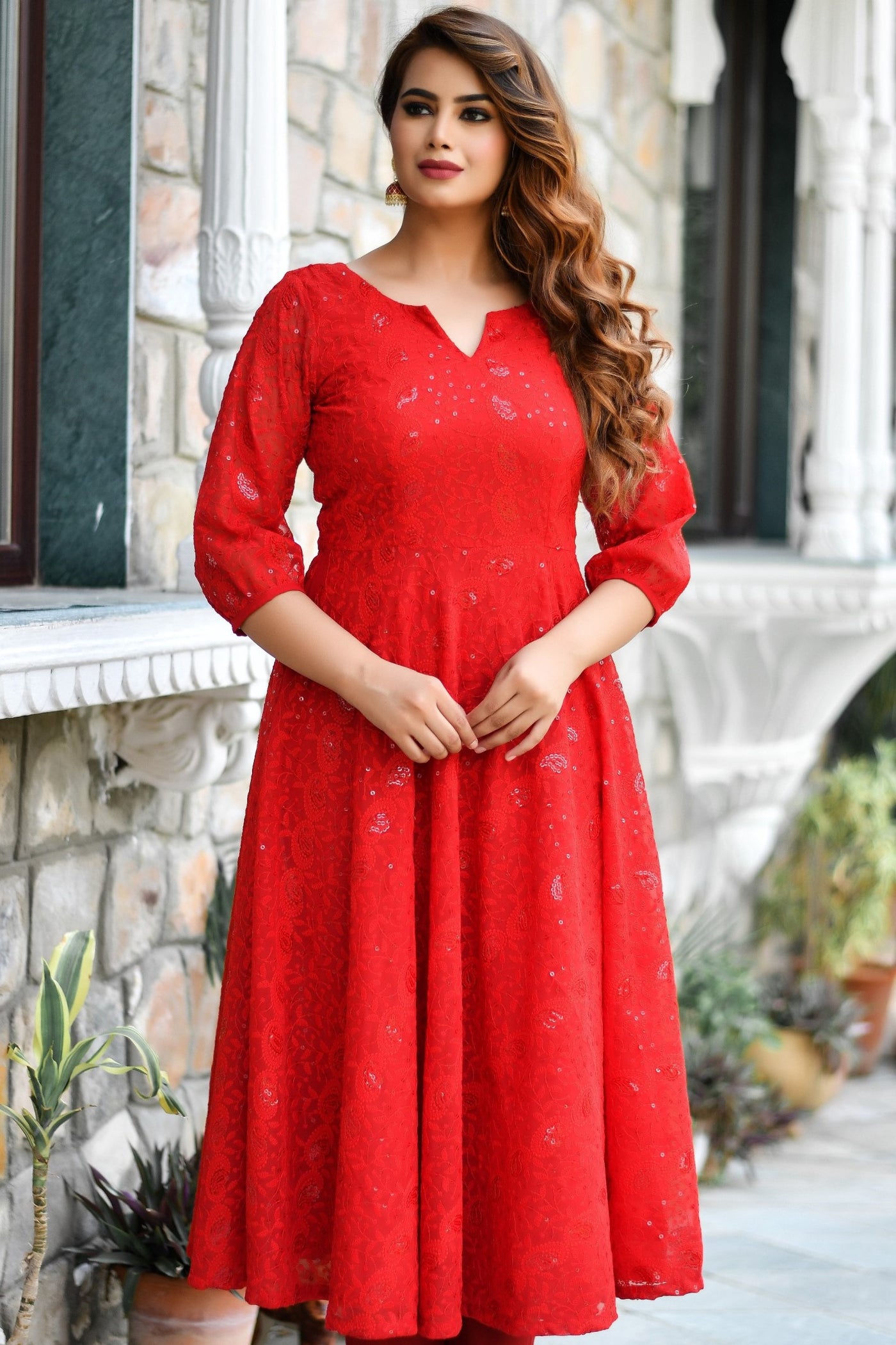 strapless open back dress Embellished Red Georgette Fabric (WIDTH 42 INCHES)