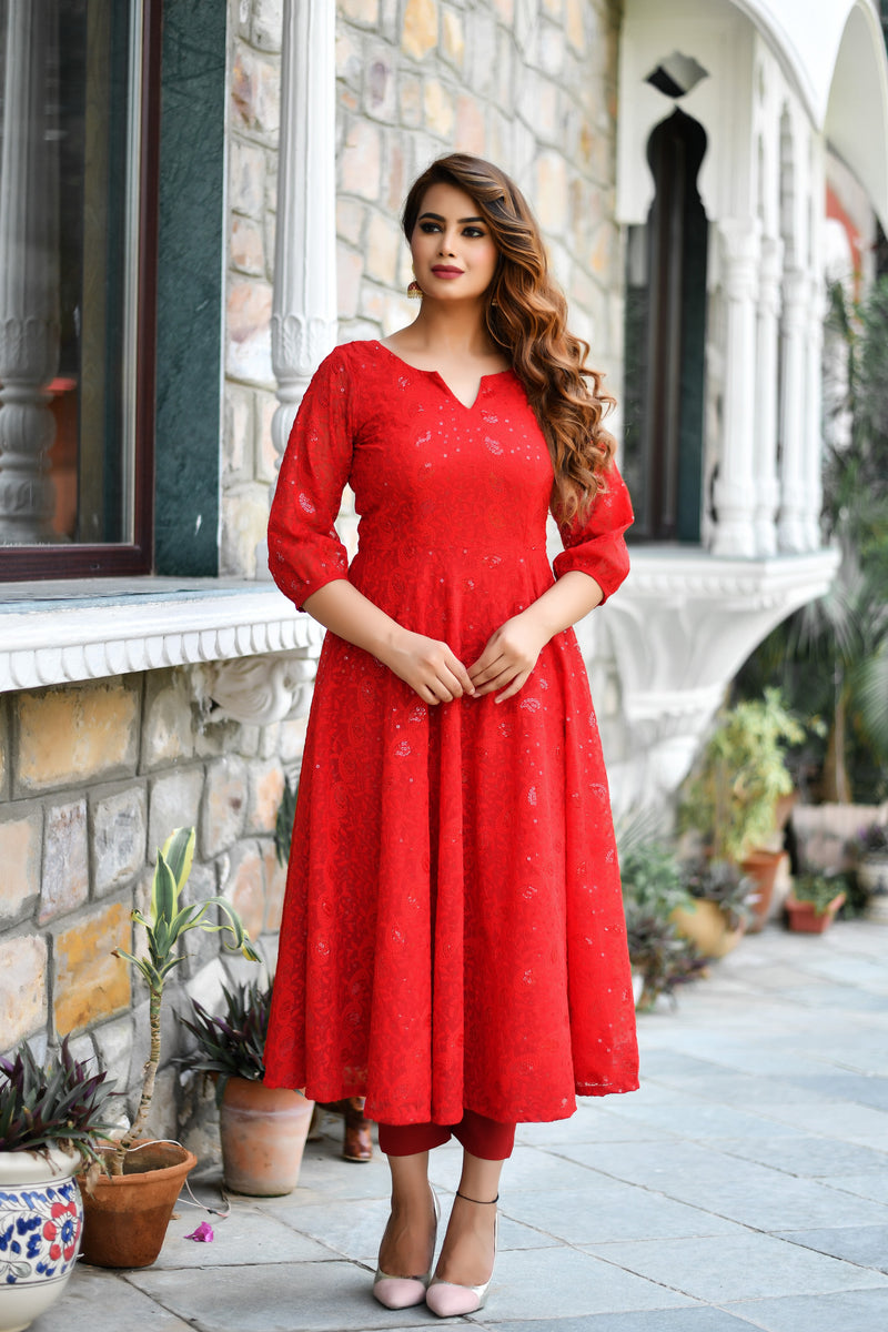 EMBELLISHED RED GEORGETTE KURTA AND PANT ONLY