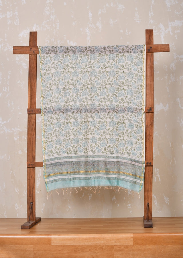 Jaal White Floral Handblock Printed Chanderi Dupatta