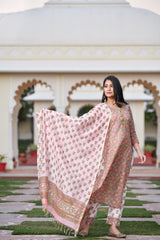 A Ravishing Styled Handblock Cotton Suit Set With Chanderi Dupatta