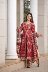Cherry Red Anarkali Handblock Chanderi Suit Set