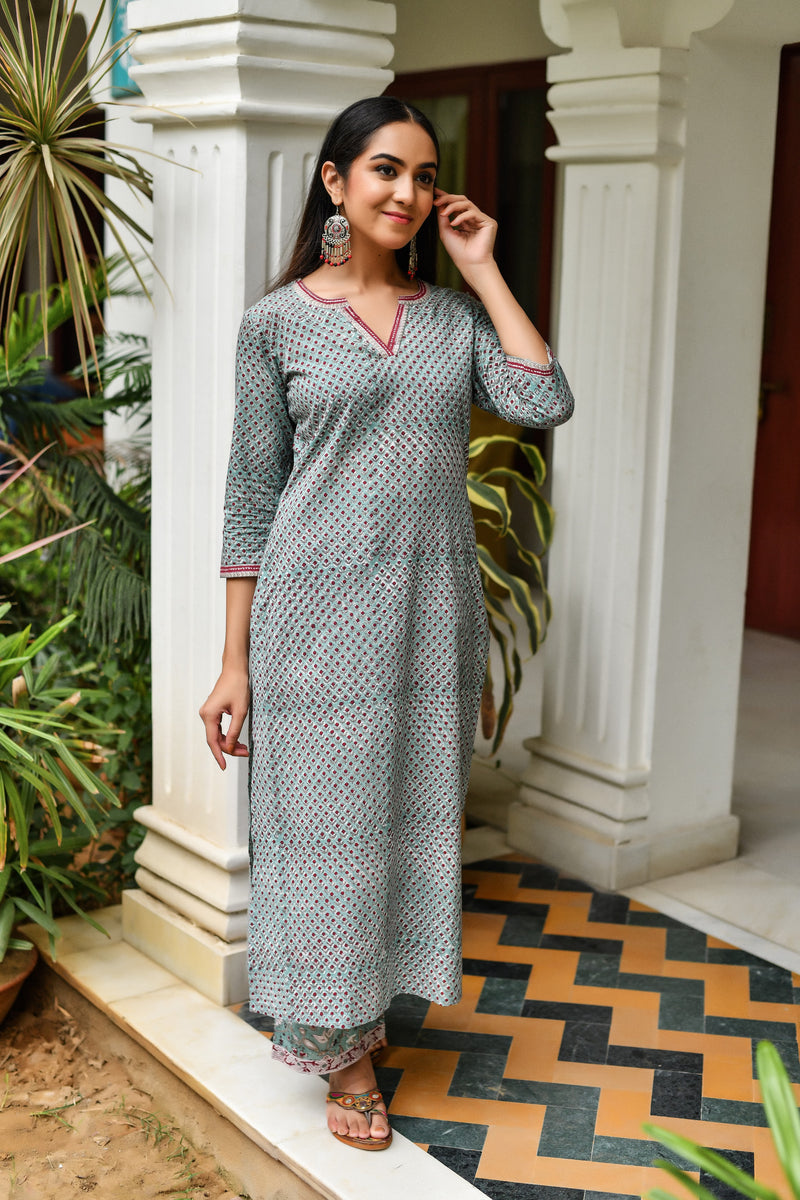 Sage Green Handblock Printed Suit Set