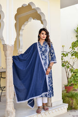 Blue Khadi Print Cotton Suit Set