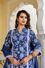 Blue Khadi Print Cotton Suit Set