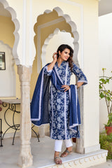 Blue Khadi Print Cotton Suit Set