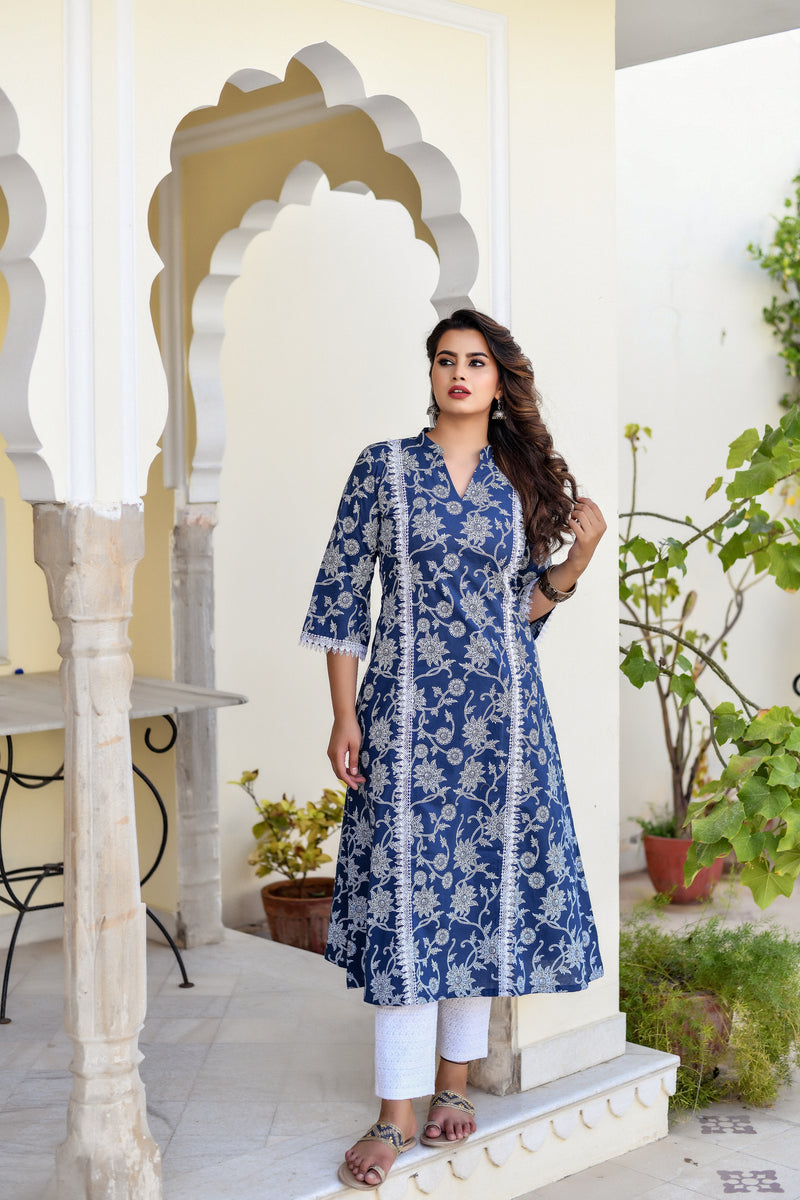 Blue Khadi Print Cotton Suit Set