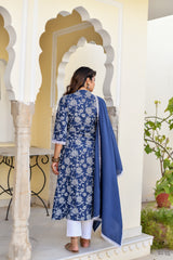Blue Khadi Print Cotton Suit Set