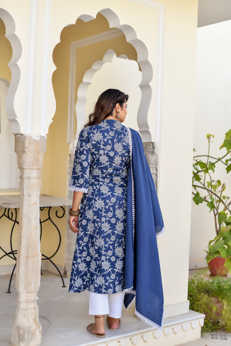 Blue Khadi Print Cotton Suit Set