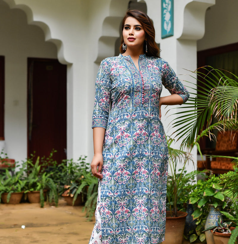 Mystic Blue Handblock Individual Kurta