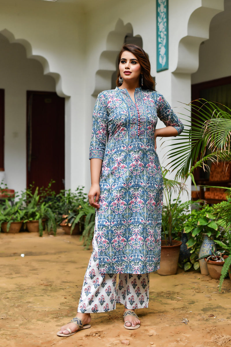 Mystic Blue Handblock Kurta and Pant Only