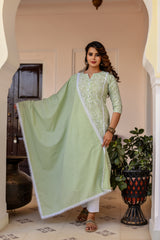 Pista Green Khadi Print Cotton Suit Set