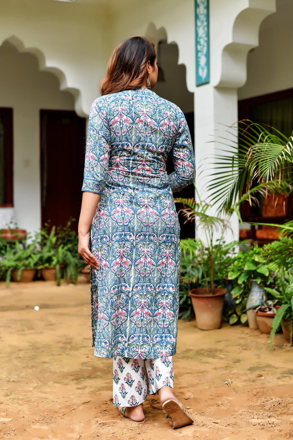 Mystic Blue Handblock Kurta and Pant Only