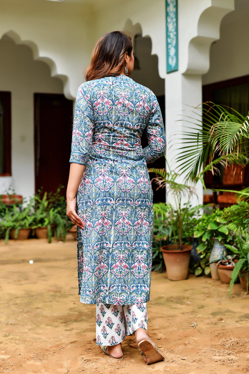 Mystic Blue Handblock Kurta and Pant Only