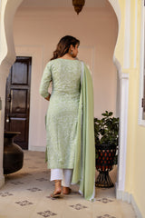 Pista Green Khadi Print Cotton Suit Set