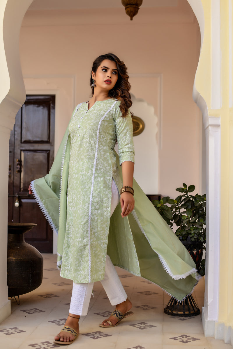 Pista Green Khadi Print Cotton Suit Set