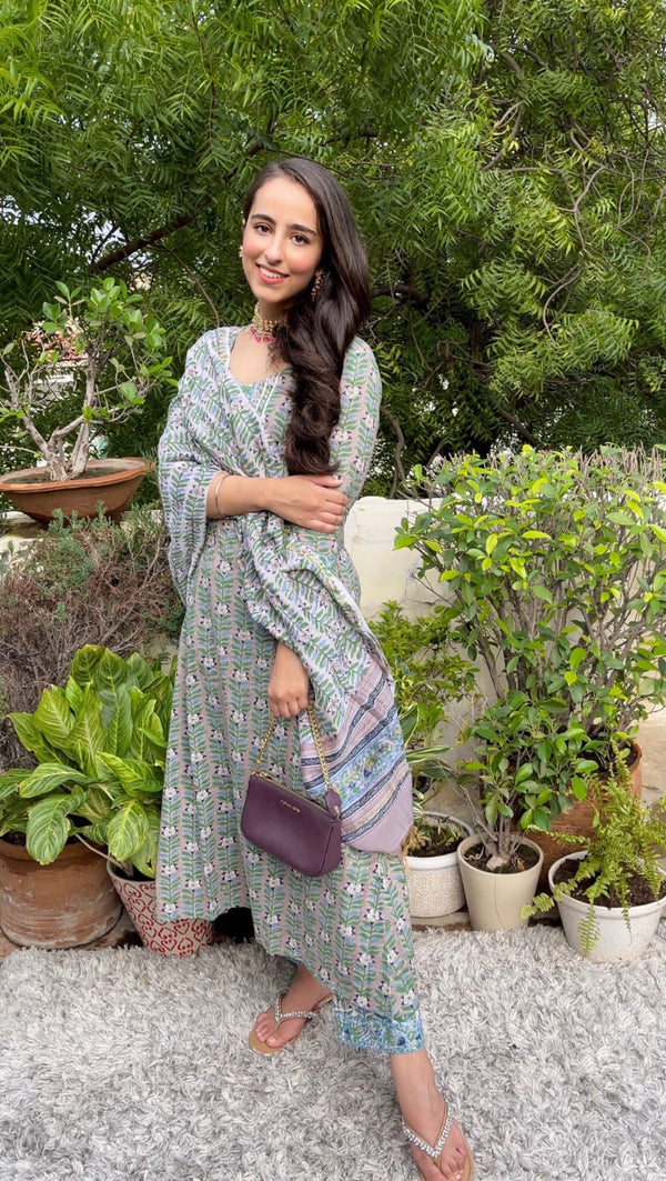 Grey Floral And Gota Handblock Cotton Suit Set With Chanderi Silk Dupatta