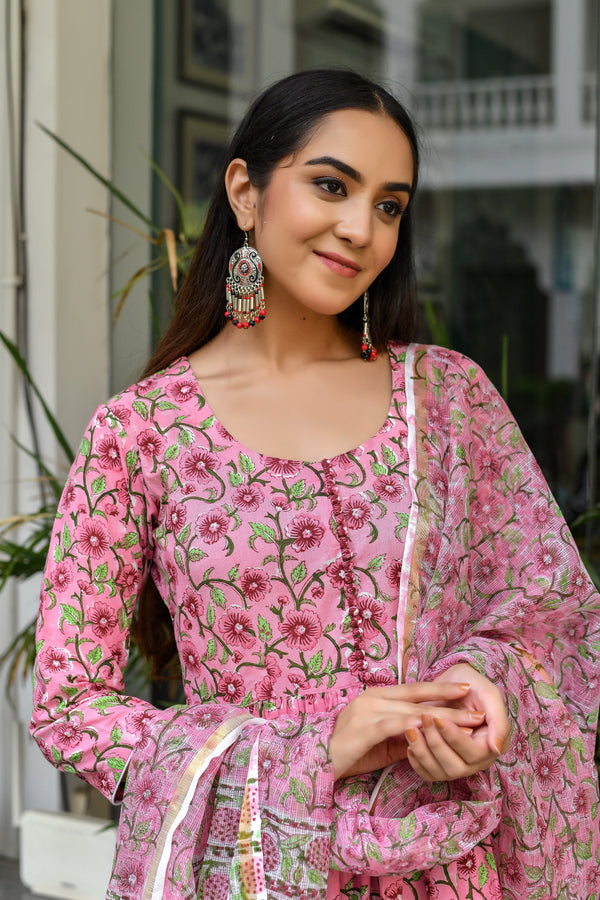True Pink Handblock Print Suit Set