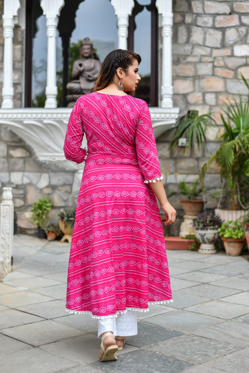 POM POM PINK BHANDANI COTTON KURTA AND PANT ONLY