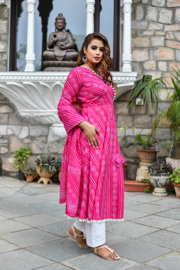 POM POM PINK BHANDANI COTTON KURTA AND PANT ONLY