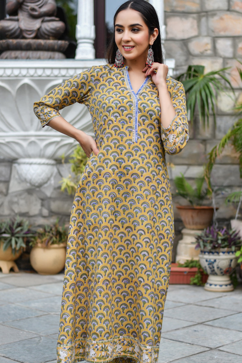 Mustard Treasure Mul Handblock Fabric (WIDTH 44 INCHES)