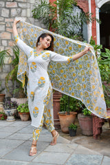 Milky White Handblock Kotadori Dupatta Suit Set