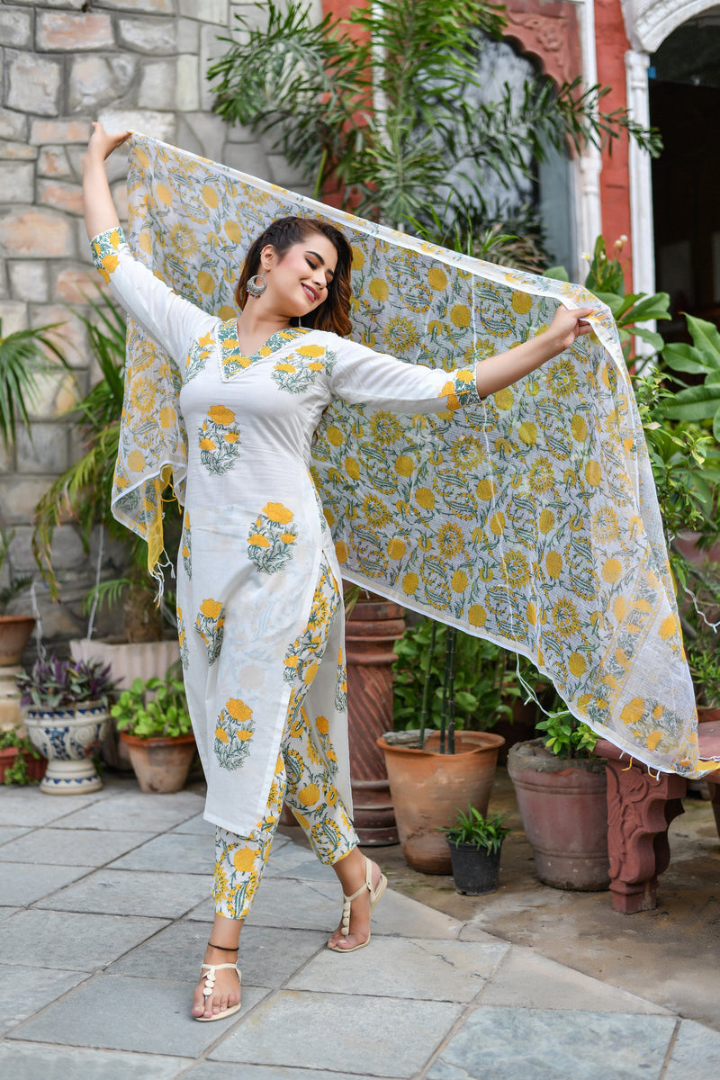 Milky White Handblock Kotadori Dupatta Suit Set