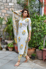 Milky White Handblock Kotadori Dupatta Suit Set