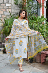 Milky White Handblock Kotadori Dupatta Suit Set