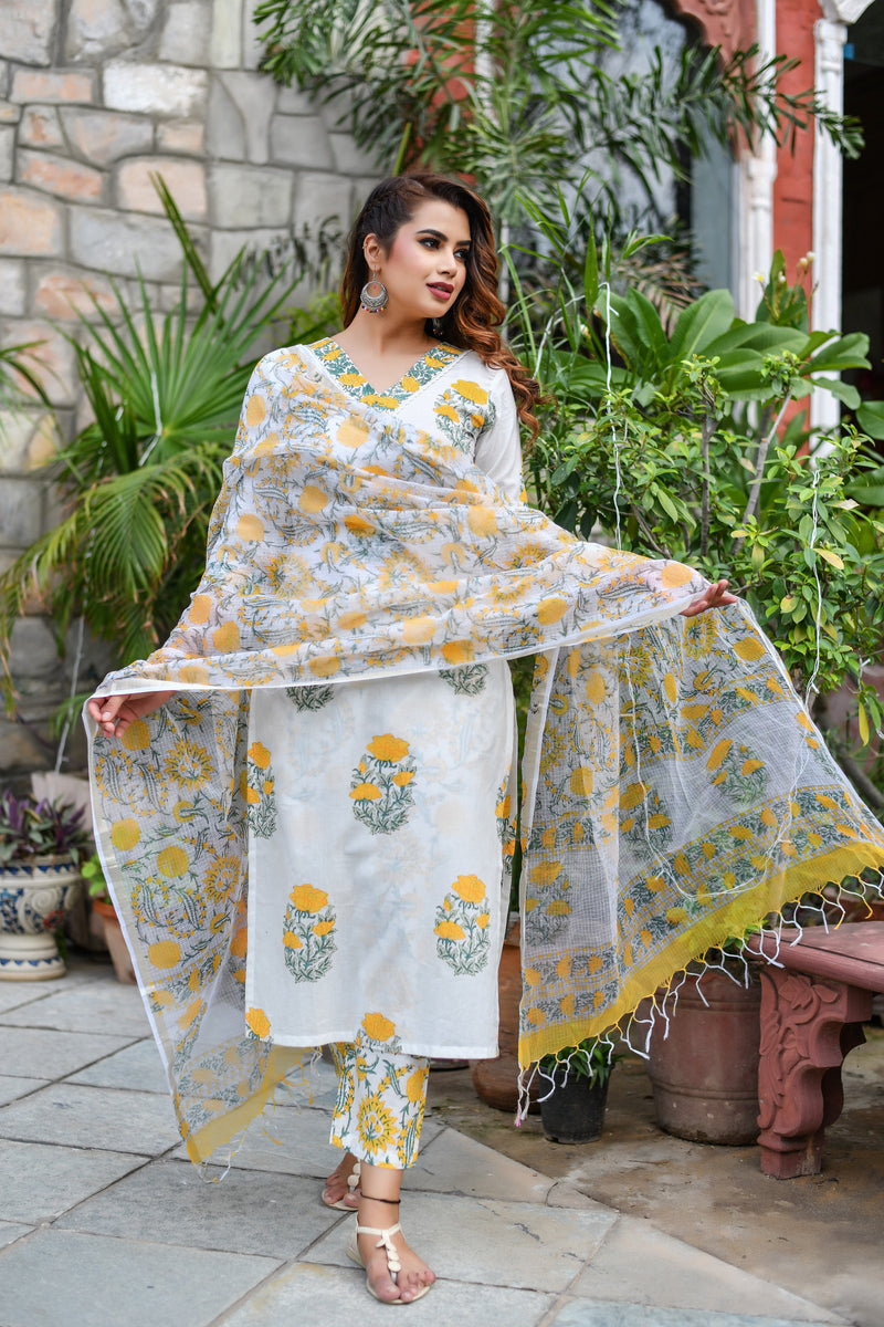 Milky White Handblock Kotadori Dupatta Suit Set
