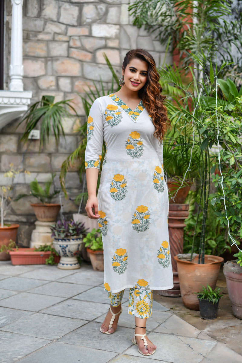 Milky White Handblock Kotadori Dupatta Suit Set