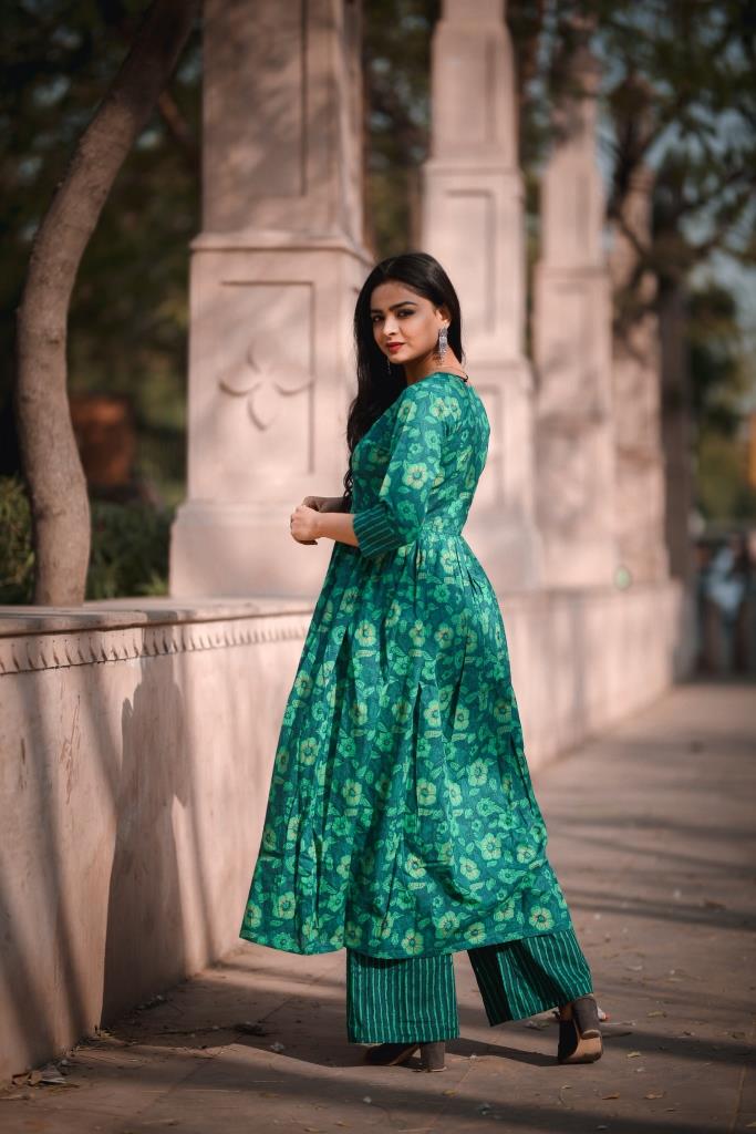 Green Floral Kurta with Striped printed Palazzo Only