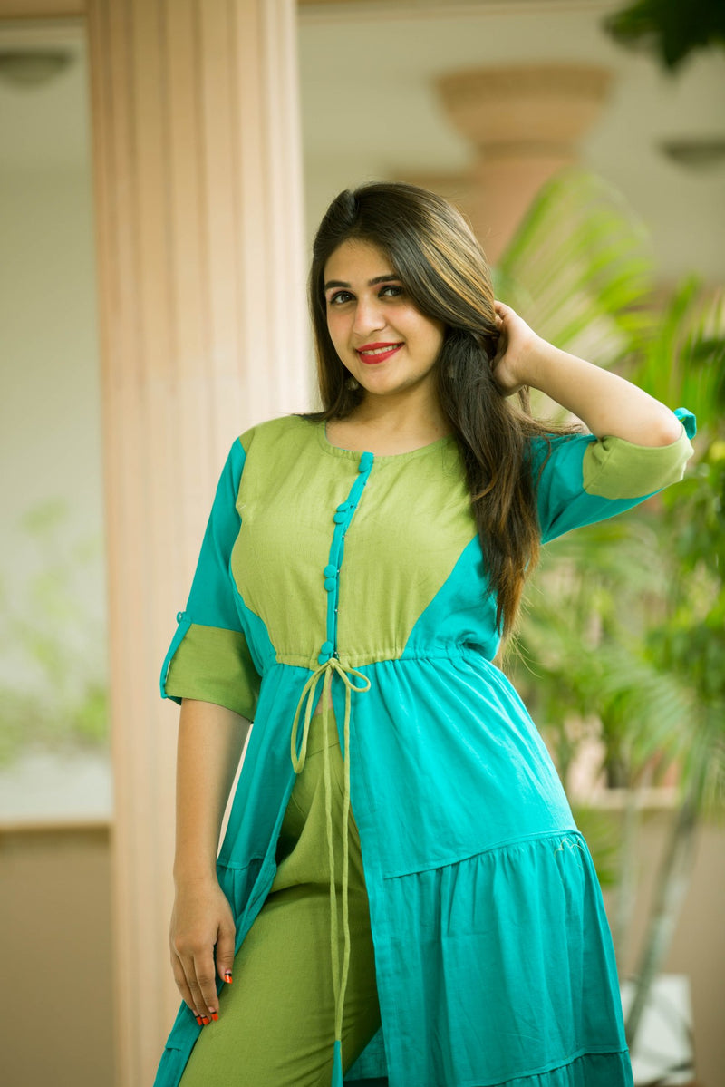 Green Blue Flaired Kurta With Pant Only