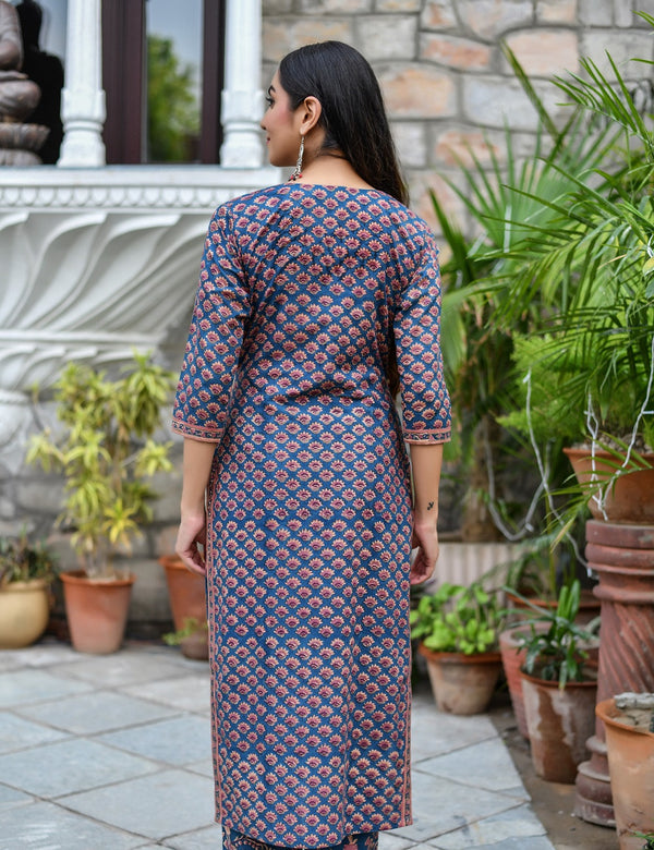 COOL BLUE ETHNIC HANDBLOCK KURTA ONLY