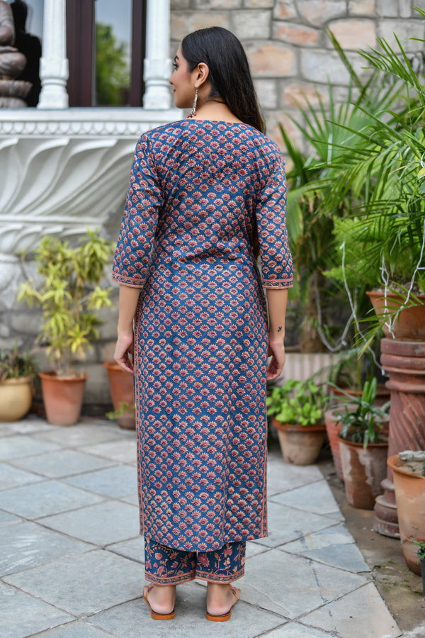 COOL BLUE ETHNIC HANDBLOCK KURTA AND PANT ONLY