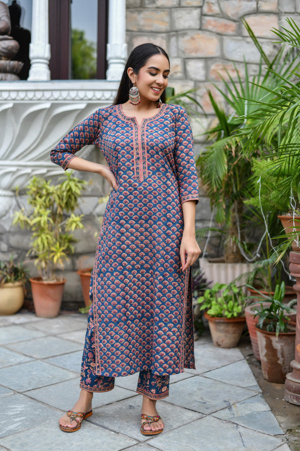 COOL BLUE ETHNIC HANDBLOCK KURTA AND PANT ONLY