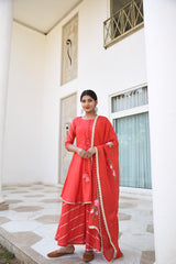 Trendy Red Rose Gota Detail Silk Sharara Set For Women
