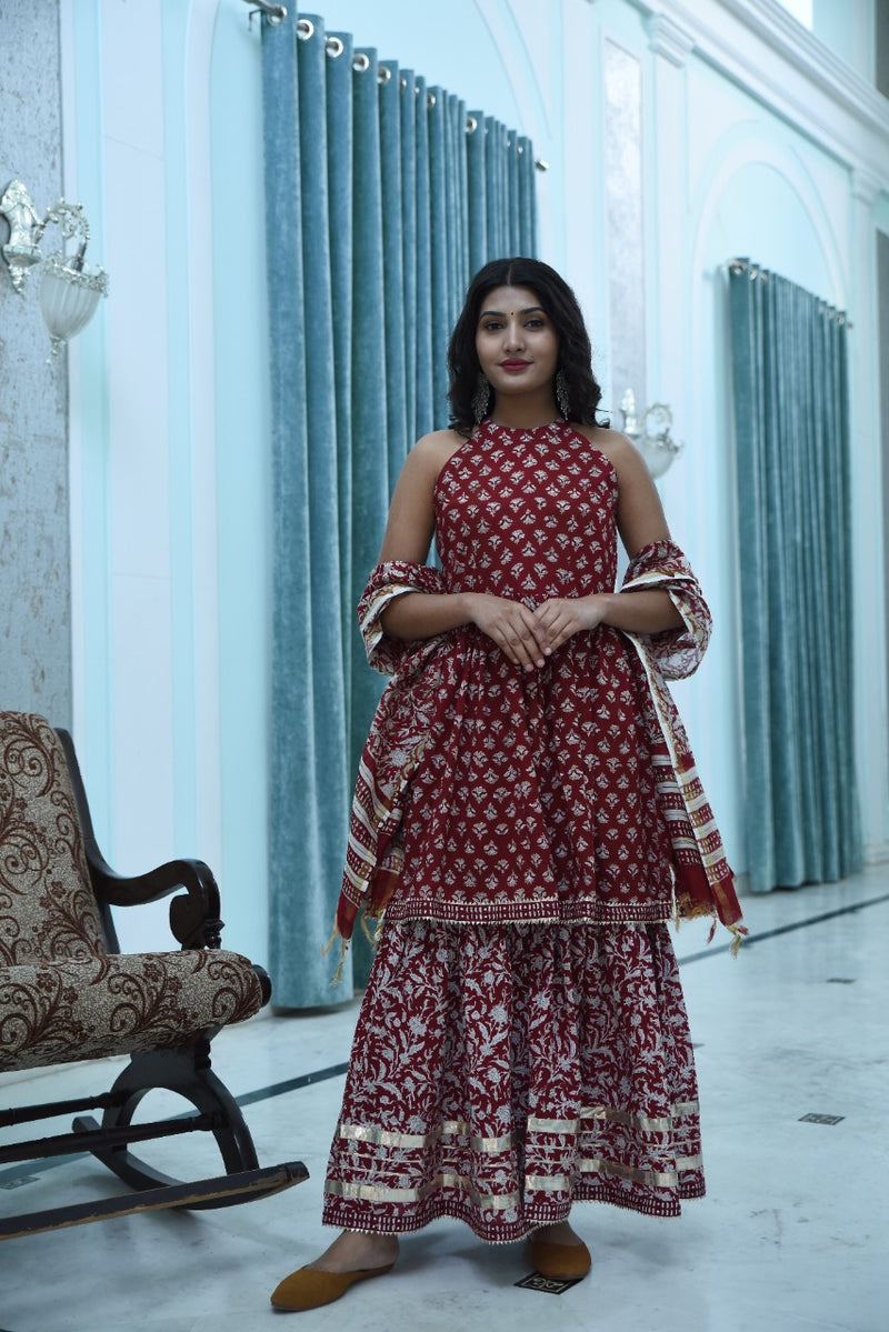 Stylish Berry Red Handblock sharara set with Gota work