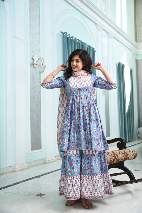 Summer Vibes Baby Blue Handblock Sharara Set With Chanderi Silk Dupatta