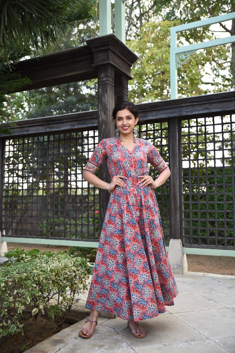 Twirl In Pink Pure Handblock Long Summer Dress