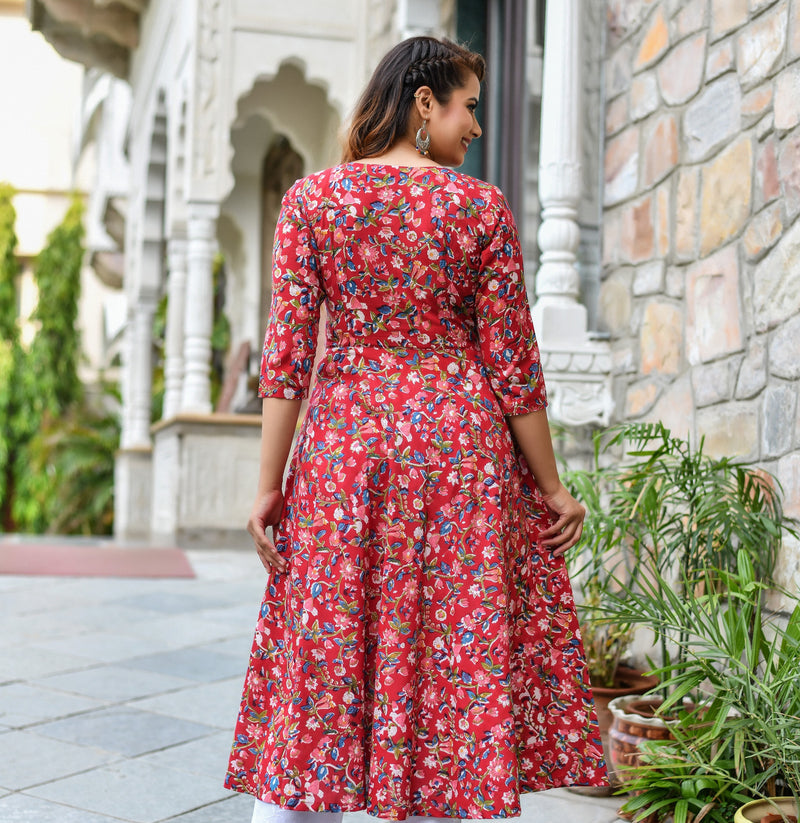 Rain in Red Handblock Gher Individual Kurta