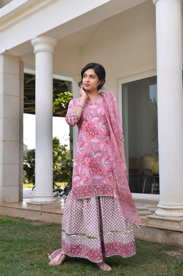 Pink Floral Gota detail pure Handblock women Sharara Set
