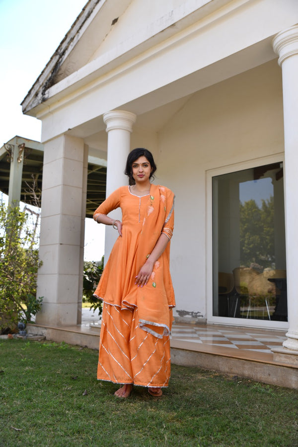 Orange Handpainted Silk Sharara Set With Gota work