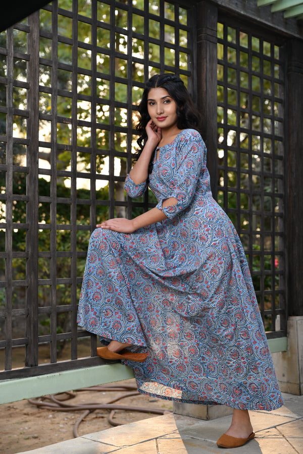 Stylish & Long Pure Handblock Blue Summer Dress