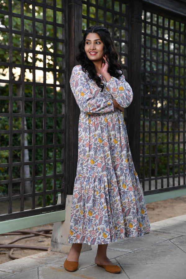 Summer florals White Tier Handblock dress